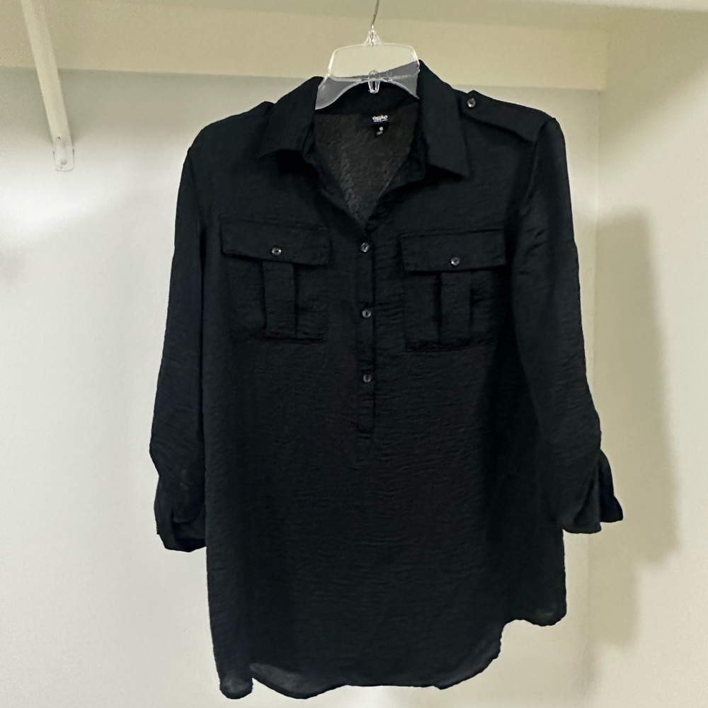 Black Button-Front Utility Blouse